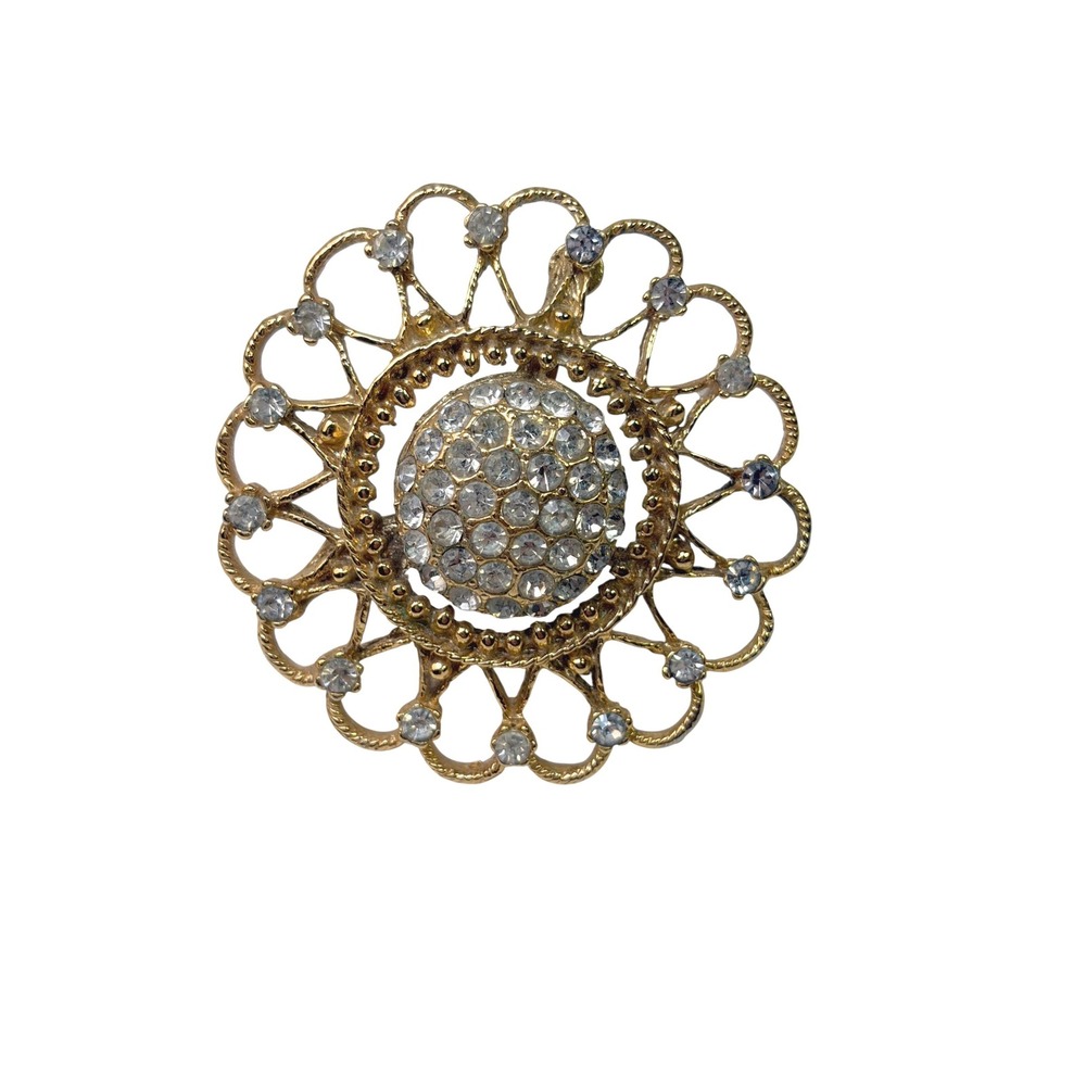 VTG Gold Tone Rhinestone Dome Scarf Clip Brooch Filigree Flower Starburst